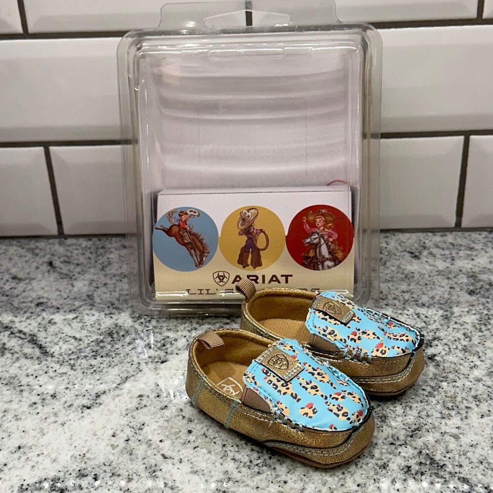 Ariat Size 1 Lil Stompers Piper Kids Gold Blue‎ New Cactus Western Moccasins